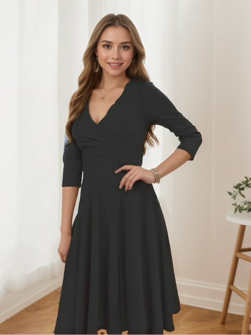 YUSHO Women's Wrap Dress Cocktail Church Wedding Midi Dress A-Line V Neck  3/4 Sleeve Casual Dresses - Walmart.com