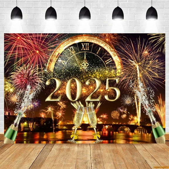 202 Happy New Year Backdrop Glitter Gold Beer Champagne Clock New Year's Eve Party Family Photography Background r