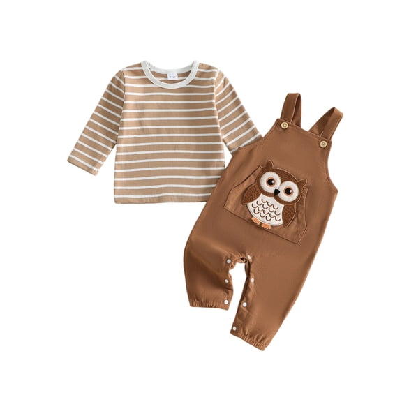 RUINIXCW Baby Boy Outfit, Long Sleeve Striped T-shirt with Dinosaur/Owl Overall Pants Infant Outfit for Casual Daily