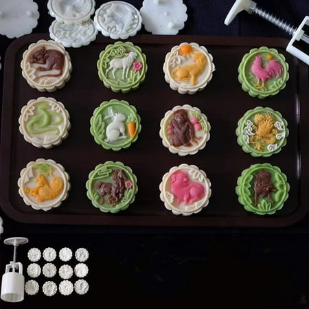 

Mooncake Mold 12 Zodiac Signs Cookie Stamps Plastic Hand Press Animal Shape Kitchen Gadgets DIY Baking Pastry Tool 1.96in