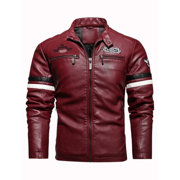 Men's Motorcycle Racing PU Leather Jacket Embroidered Color Block Motorcycle Jacket Contrast Color Coat