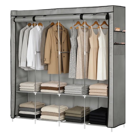 Portable Closet, 65" H Wardrobe Closet for Hanging Clothes 8 Storage Organizer Shelves with 4 Hanging Rods,Grey