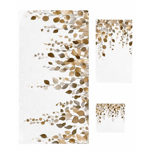 Brown Eucalyptus Leaves Towel Set of 3, Soft Microfiber Bath Towels, Hand Towel, Washcloths, Summer Watercolor Leaf Quick-Dry Absorbent Towels for Bathroom Kitchen Hotel Beach Gym Spa