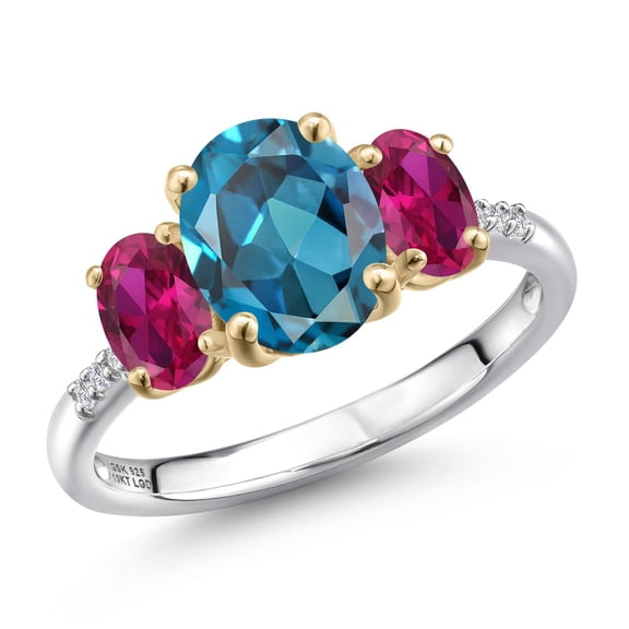 Gem Stone King 925 Silver and 10K Yellow Gold London Blue Topaz and Red Created Ruby and Lab Grown Diamond Engagement Ring for Women | 3.31 Cttw | Oval 9X7MM | November Birthstone | Size 5