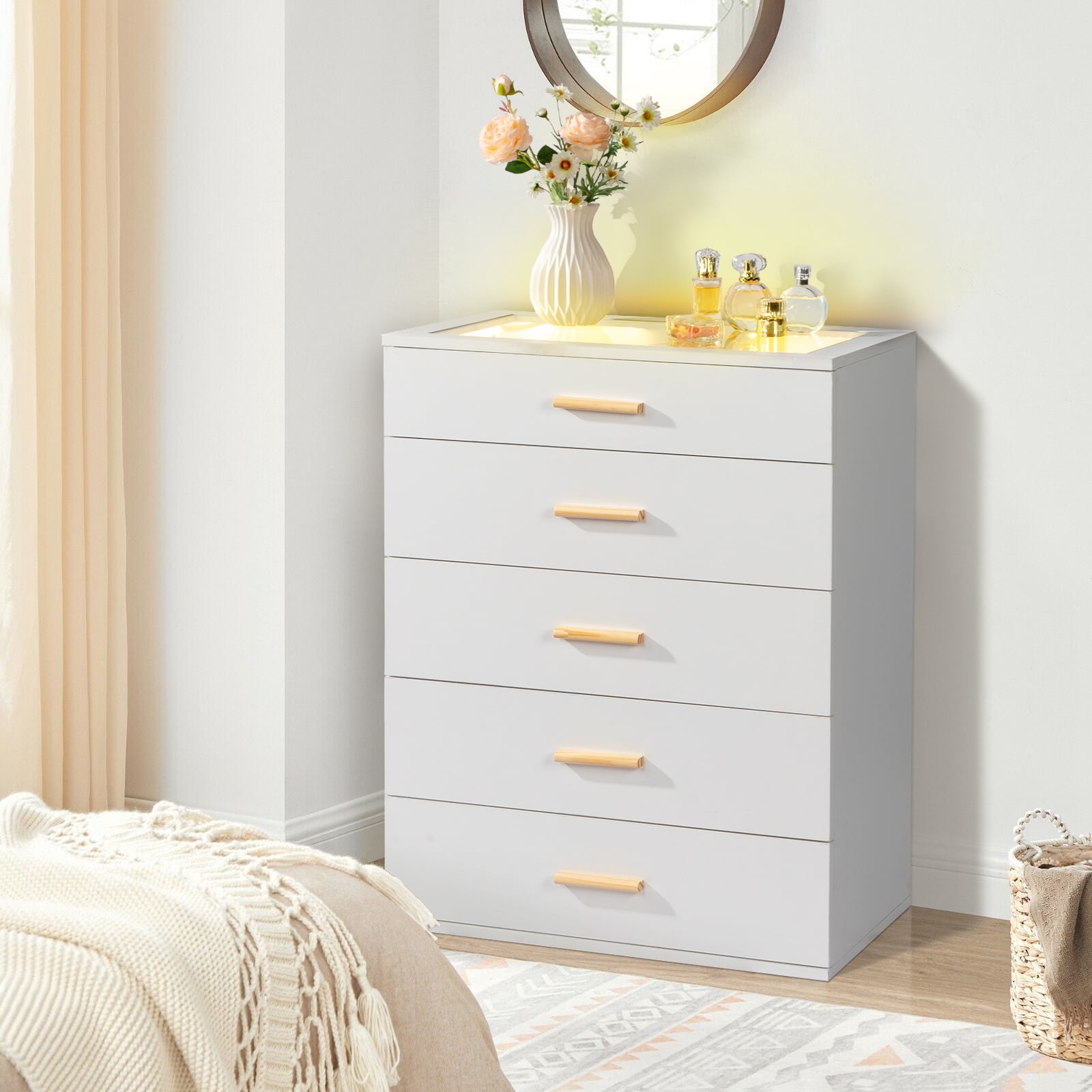 Bedside Table Dresser Nightstand Particleboard Wood Three Drawers With LED Light, White