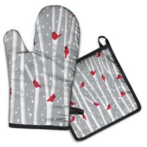 Gray Christmas Cardinal Bird Pattern Kitchen Oven Mitt and Pot Holder Sets 2 Pcs for Baking, Cooking and Grilling, Heat Resistant Up To 392 °F