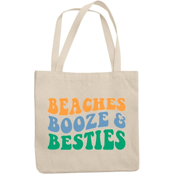 Beaches, Booze & Besties, Beach Lover Quote, Groovy Retro Wavy Text Merch Gift, 12oz Canvas Tote Bag