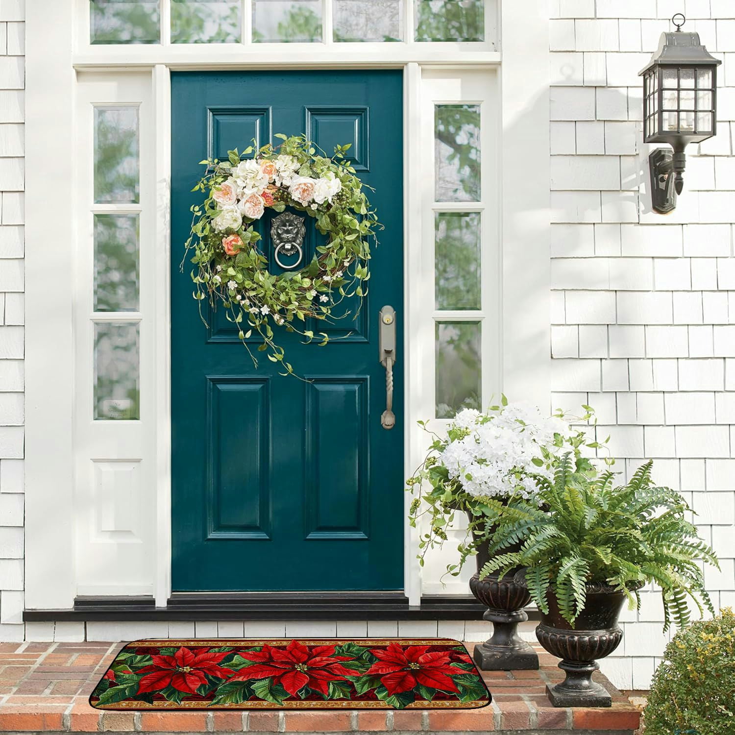 Qinduosi Christmas Red Poinsettia Flower Kitchen and Door Mat, Winter Holiday Xmas Washable Non-Slip Floor Mat for Decor