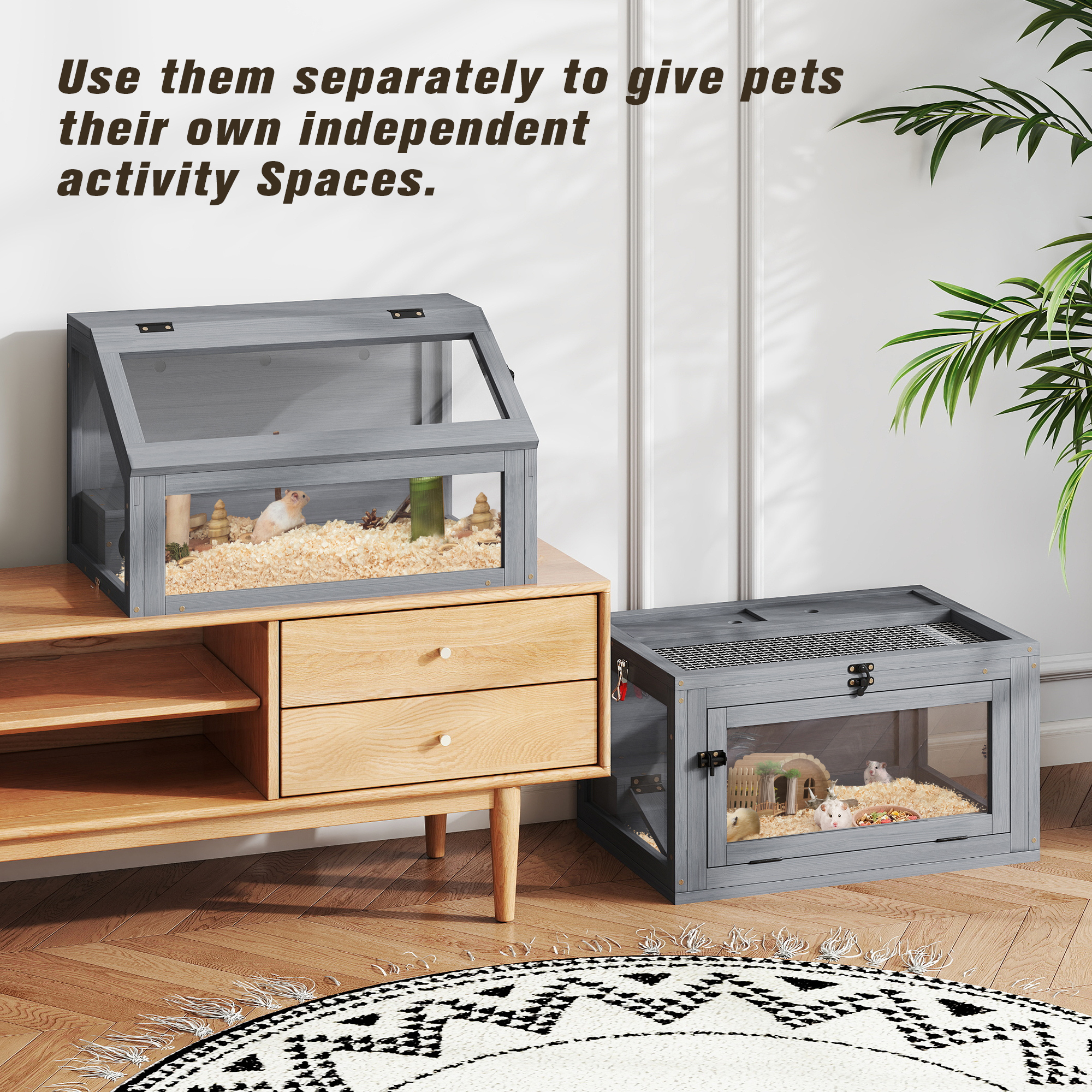 COZIWOW 2-Tiers Wood Hamster Cage with Hideouts, Ramps, Acrylic Window, Door Access for Small Animals, Gray