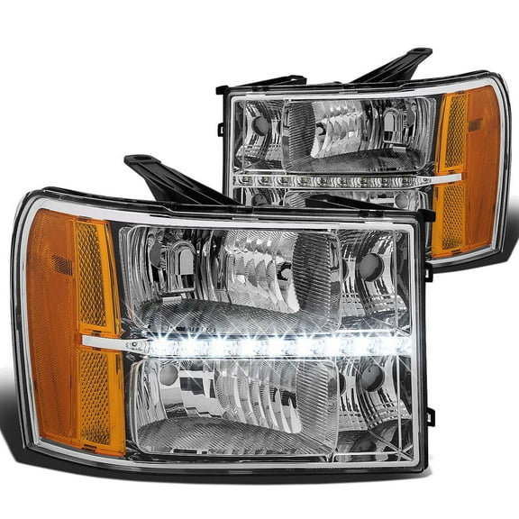 DNA Motoring For 07-14 GMC Sierra LED DRL Chrome Amber Corner Headlight Lamp Pair Replacement