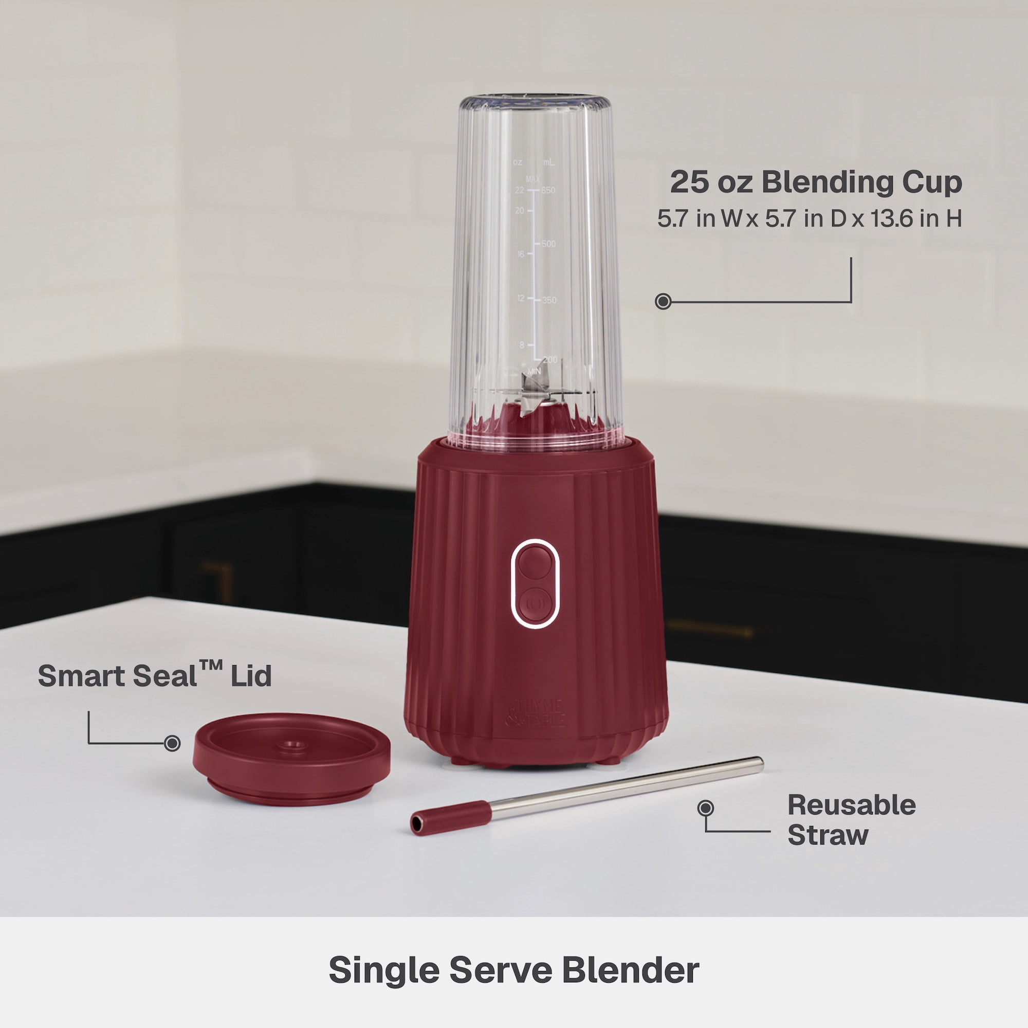 Thyme & Table 900 W 25 oz Single Serve Blender with Tritan Vessel, Smart Seal Lid and Straw, 6-Point Stainless Steel Blade, Cabernet Red