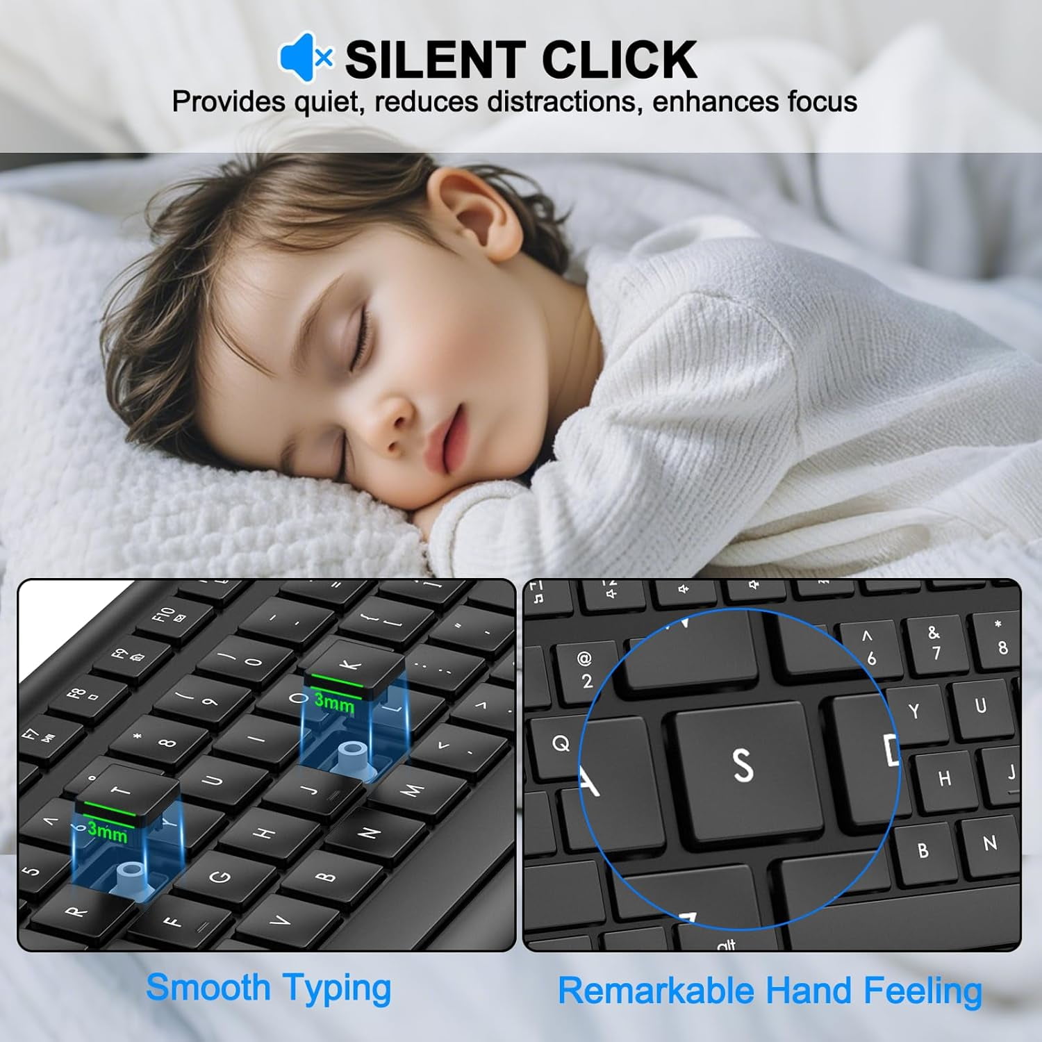 Wireless Keyboard, 2.4G Full-Sized Cordless USB Silent Computer Ergonomic Tilt Angle, Sleep Mode, Long Battery Life, for Windows, Mac OS Laptop/PC/Desktop/Notebook