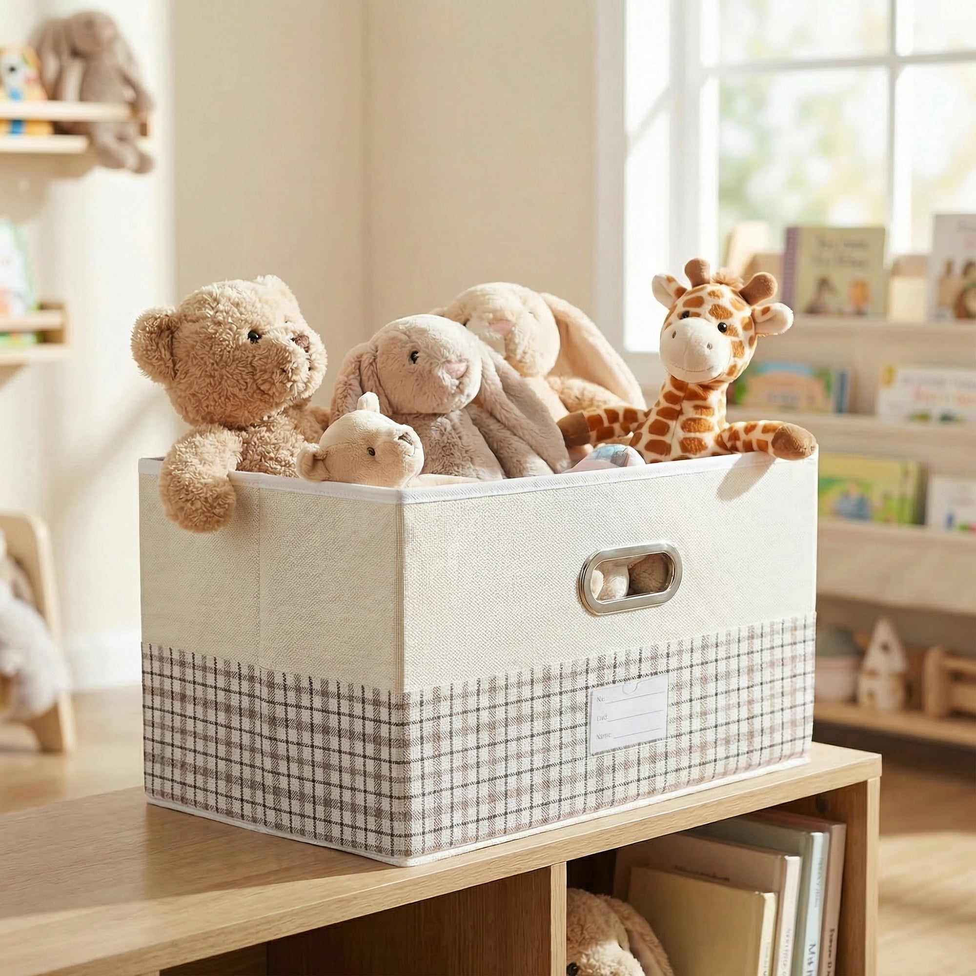 Unique Bargains Storage Cube Fabric Storage Bin with Handles Beige 15*9.8*8.3in