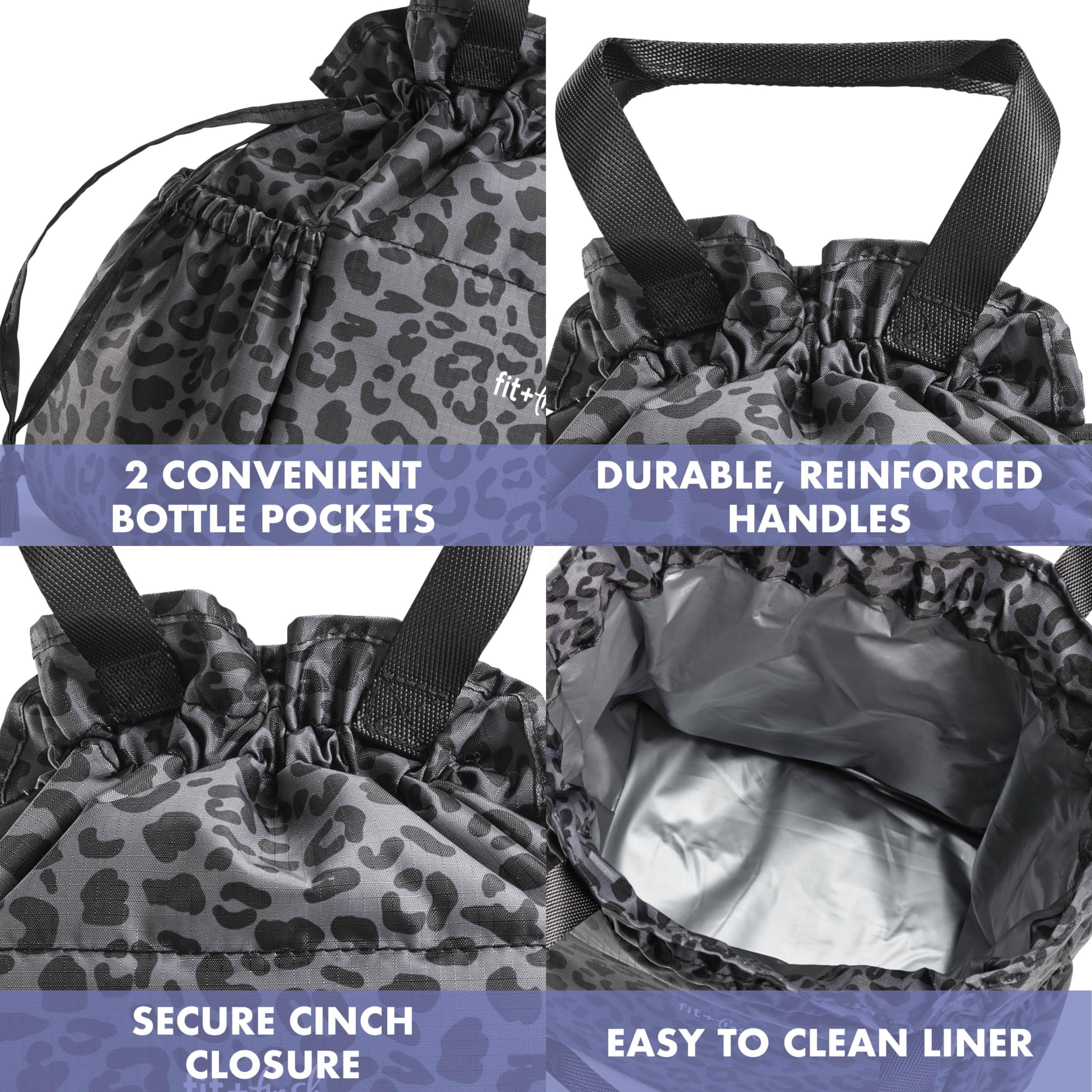 Fit + Fresh Cromwell Leak Proof Insulated Drawstring Lunch Bag with 2 Containers, Black Leopard