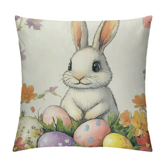 PRATYUS Happy Easter Pillow Covers Cute Bunny Easter Egg and Floral Outdoor Throw Pillows Spring Flowers Pillowcases Square Cushion Covers for Couch Home Decor 12x12in