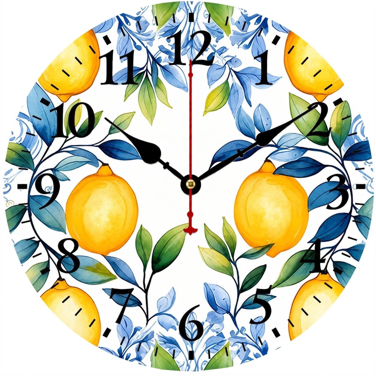 9.84 Inch Lemon Wall Clock, Decorative Kitchen Clock with Botanical Leaf Design, Farmhouse Round Wall Clock for Home Decor, Living Room, Office