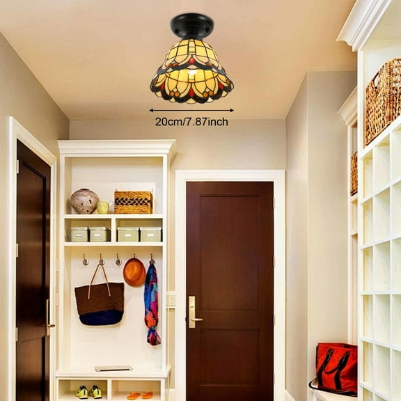 1 Light Semi-Flush Mount Ceiling Light Fixture Antique Stained Glass Ceiling Lamp Mini Vintage Ceiling Light for Living Room, Hallway, Kitchen Width 7.8inch