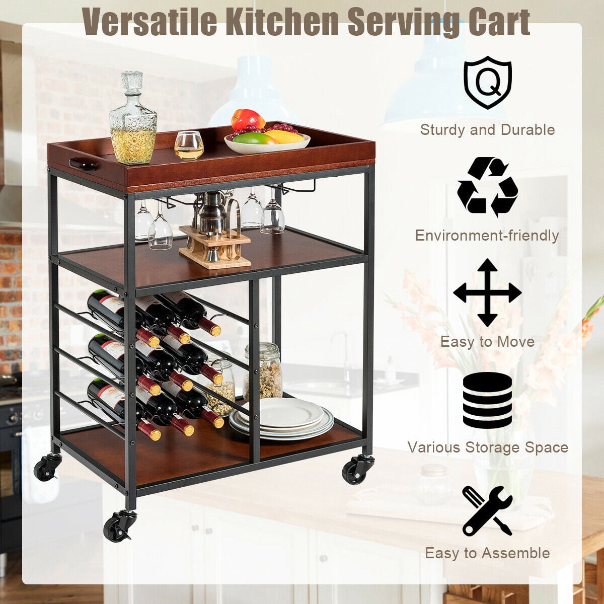 Gymax 3 Tier Storage Kitchen Trolley Bar Serving Cart w/Wine Rack & Glass Holder