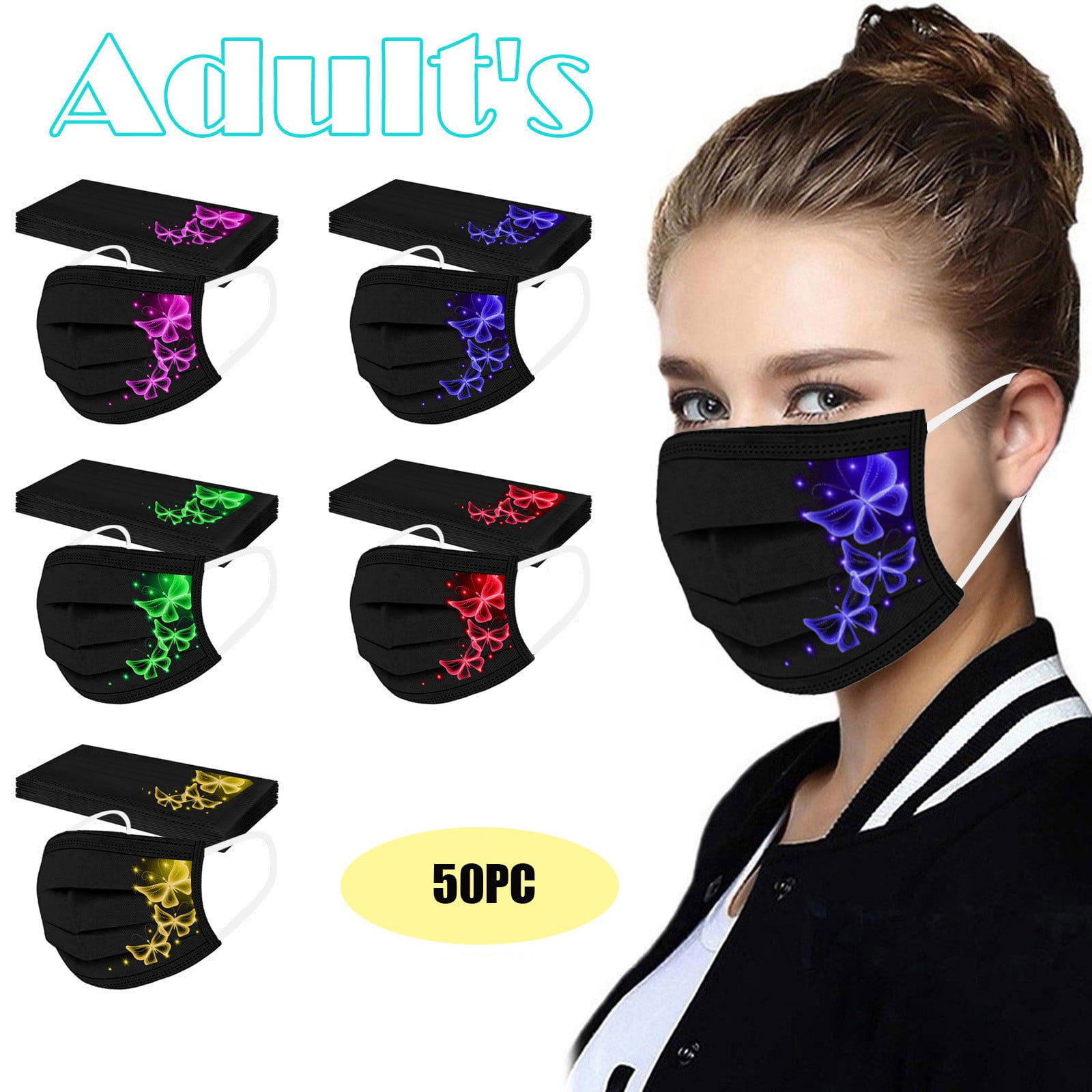 Giftesty 50PC Adult'S Butterfly Printed Mask Disposable Face Masks