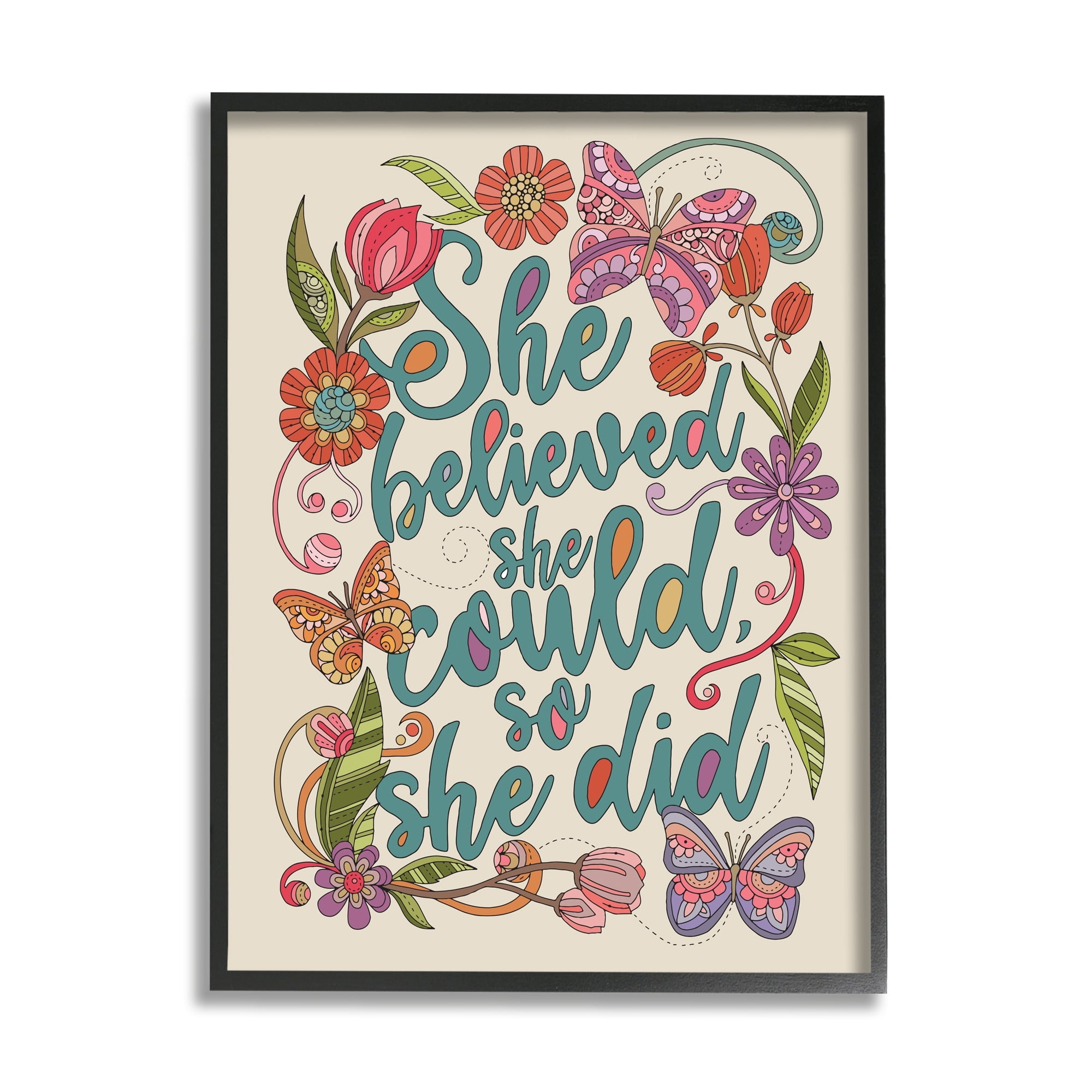 Stupell Industries She Believed Girl Power Motivational Patterned Floral Butterflies Graphic Art White Framed Art Print Wall Art, Design by Valentina Harper