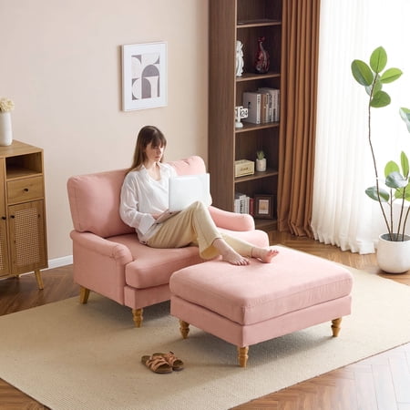 Bezseller Chaise Lounge with Ottoman, Oversized Accent Armchair and Ottoman Set for Bedroom, Pink