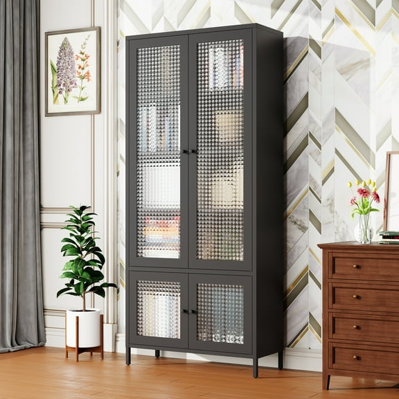 Large Metal Storage Cabinet Display Cabinet with 4 Glass Doors 5 Shelves Side Cabinet Bookcase Freestanding Cabinet for Bedroom Living Room Pantry Home Office - Black, Waffle-Grids Tempered Glass