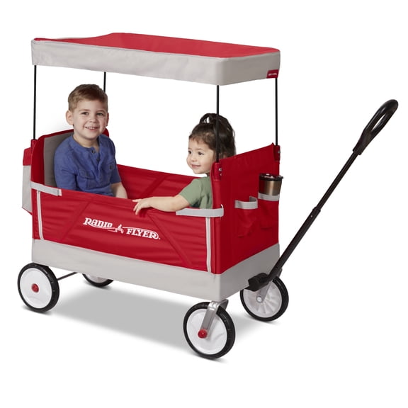 Open Box Radio Flyer, Family Wagon with Canopy, Folding Wagon, Light Gray and Red