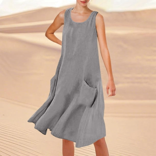 WILLBEST Vestido Lino Mujer Vestido Playero Informal De Verano De Color Liso Sin Mangas Hasta La Rodilla Con Cuello Redondo Y Bolsillos Para Vacaciones, Viajes Y Uso Diario