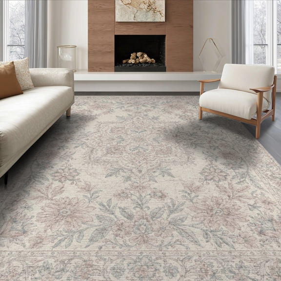 ODIKA 8'x10' Washable Area Rug Floral Medallion With Distressed Scroll Border And Botanical Sprays Vintage for King Size Bedroom Under Bed, Master Suite, Non-Shedding, Easy Care