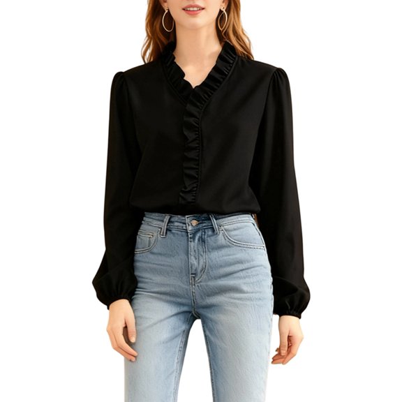 Women Dressy Casual Blouse Business Long Sleeve Tops Ruffle V Neck Work Shirt Fall Outfit Black XXL