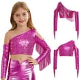 thumbnail image 5 of Miutii Girls One-Shoulder Sequins Dance Tops Tassel Sparkle Long Sleeve Crop Top Performance Outfits for 5-16 Years Hot Pink 10, 5 of 7