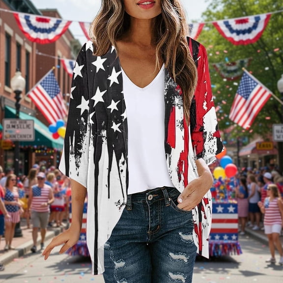 Gamivast Summer Cardigans for Women Patriotic American Flag Star Stripe Print Open Front Loose Flowy Fit Cover Ups Lightweight Breathable Chiffon 3/4 Sleeve Kimono Beach Vacation outfits
