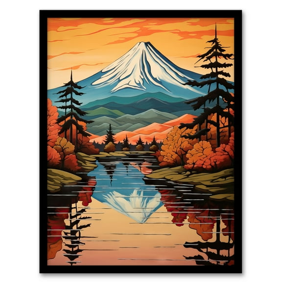 Mount Fuji Reflecting In Lake Kawaguchi Waters Oil Painting Autumn In Japan Sacred Volcano Mountain Art Print Framed Poster Wall Decor 12x16 inch
