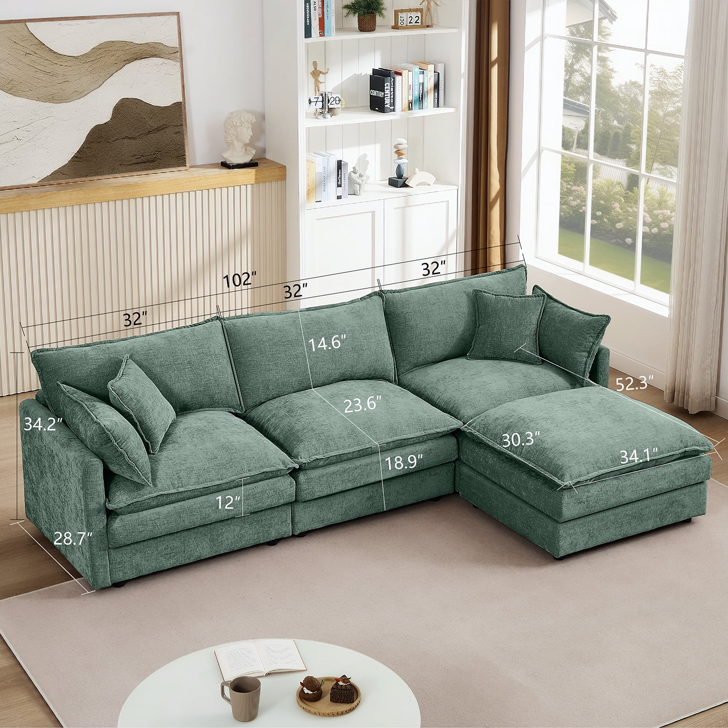 MOONMISS Modular L Shaped Sectional Sofa with Ottoman Chenille 3 Seat Comfy Cloud Couches