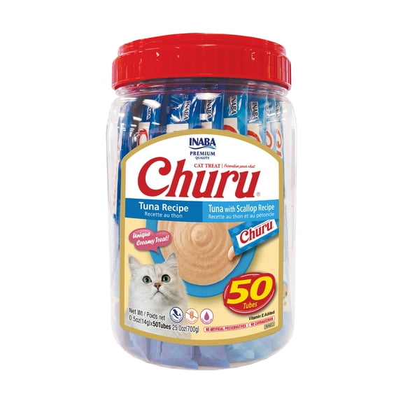 INABA Churu Lickable Cat Treats, Grain‑Free Creamy Purée, Tuna Variety, 0.5 oz Tubes, 50‑Count Jar