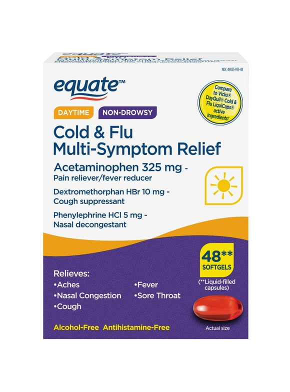 Equate Cold and Flu Multi-Symptom Relief Fever Reducer Throat Remedies Nasal Decongestant Gels, 48 Count