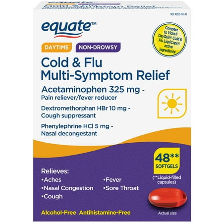 Equate Cold and Flu Multi-Symptom Relief Fever Reducer Throat Remedies Nasal Decongestant Gels  48 Count Equate Daytime Non-Drowsy Cold & Flu Multi-Symptom Relief Softgels provide multi-symptom relief from aches  pains  fever  cough  and nasal congestion without causing drowsiness. The alcohol-free and antihistamine-free formula comes in a softgel  making it easy to swallow. The 24 Count Pack provides convenient cold and flu relief at home and on the go. Toss the box into your backpack  briefcase  or purse and count on dependable relief even on your busiest days. Equate Daytime Non-Drowsy Cold & Flu Multi-Symptom Relief Softgels are the affordable and reliable choice for cold and flu care. Your family s health is one of the most important priorities in your life. Walmart s Equate Brand is now the innovative leader in the health  beauty  and personal care marketplace and is outperforming and exceeding the quality standards of many national brands. The Equate brand has everything you need to keep your whole family feeling their best. Whether it s pain relief medication for unexpected situations or superior  tested products for hair or skin care  Equate has you covered. With our Every Day Low Prices  it s easy to stock your bathroom cabinet with premium-quality essentials  even when you re on a budget! For everything from vitamins and supplements  to first aid and feminine care products  you can confidently rely on the Walmart Equate brand to help you care for your family  every day.