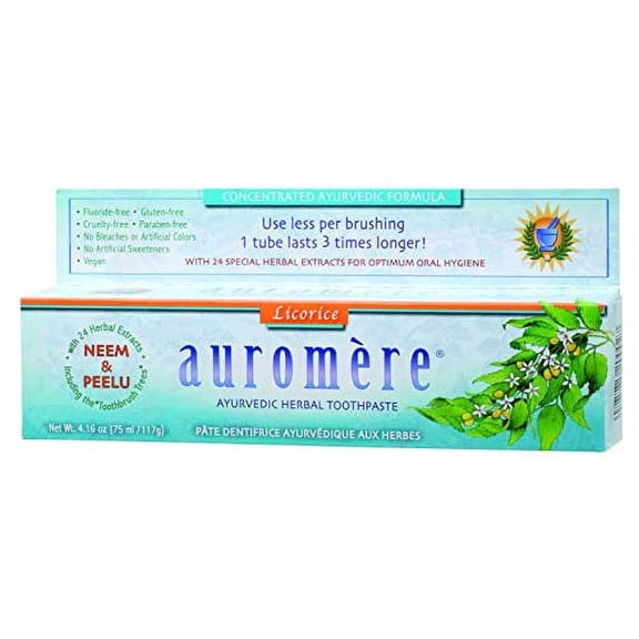 Auromere Ayurvedic Herbal Toothpaste Classic Licorice Flavour - Vegan Natural Non GMO Fluoride Free Gluten Free with Neem & Peelu (4.16 oz) 1 Pack