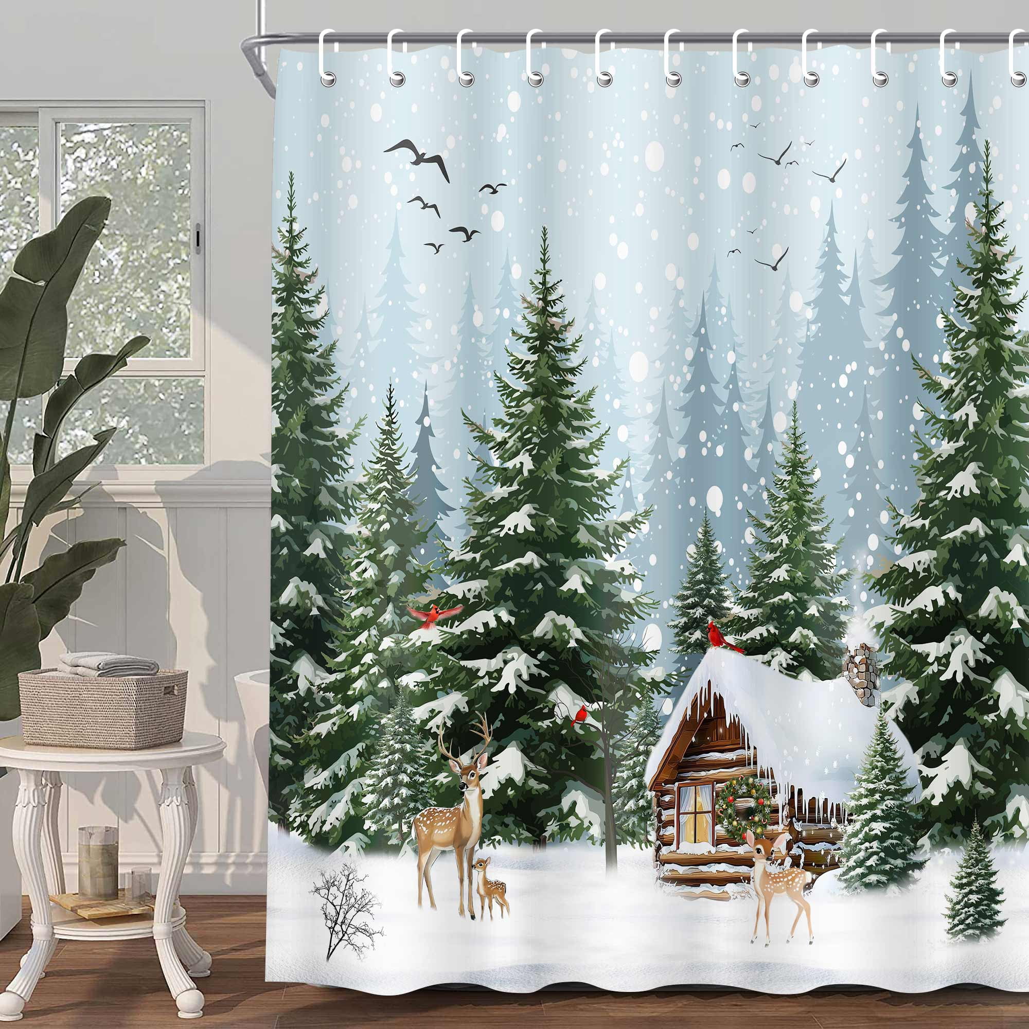 Winter Snowy Forest Shower Curtain 70X70 inch Pine Tree Cardinal Deer Snowflake Shower Curatin Xmas Snowy Scenery Christmas Holiday Bathroom Bath Rustic Farmhouse Decor Polyester Fabric with Hooks