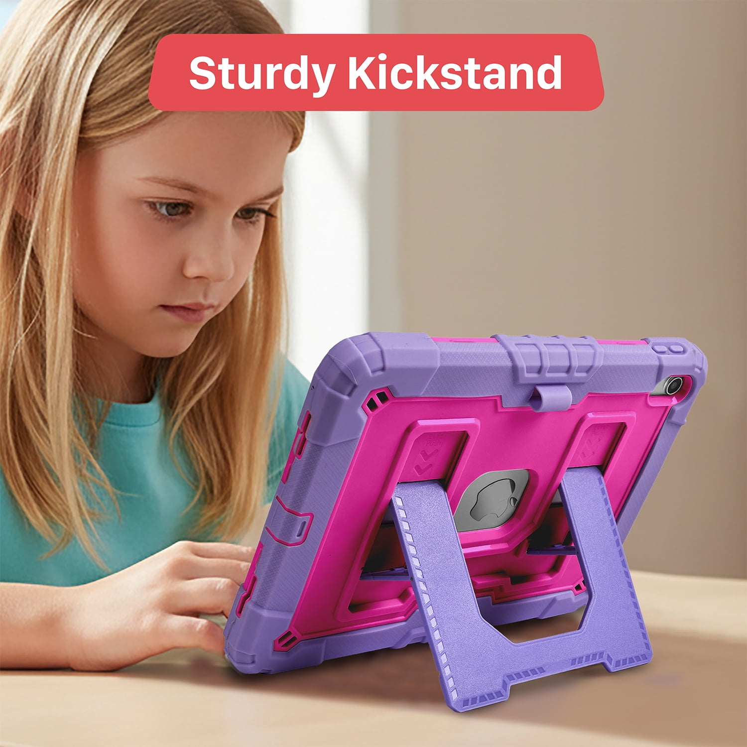 Vena Kids Case For Apple iPad A16 11th Generation 11 Inch 2025, iPad 10th Gen 10.9" Protective Case Cover With Kickstand, Pencil Holder and Shoulder Strap, Purple/Rose Red