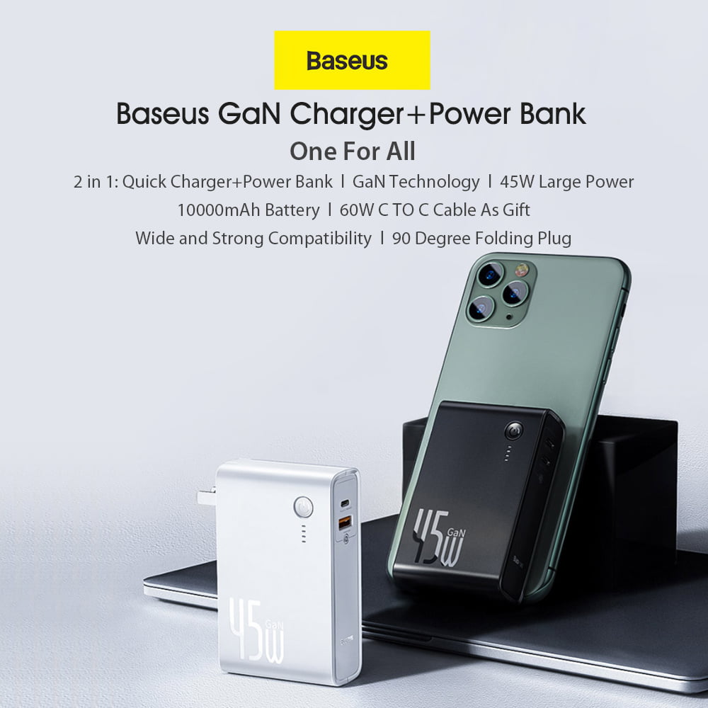 USB C Portable Charger,Baseus 10k mAh Power Bank2-in-1 45W GaN Tech Wall Charger