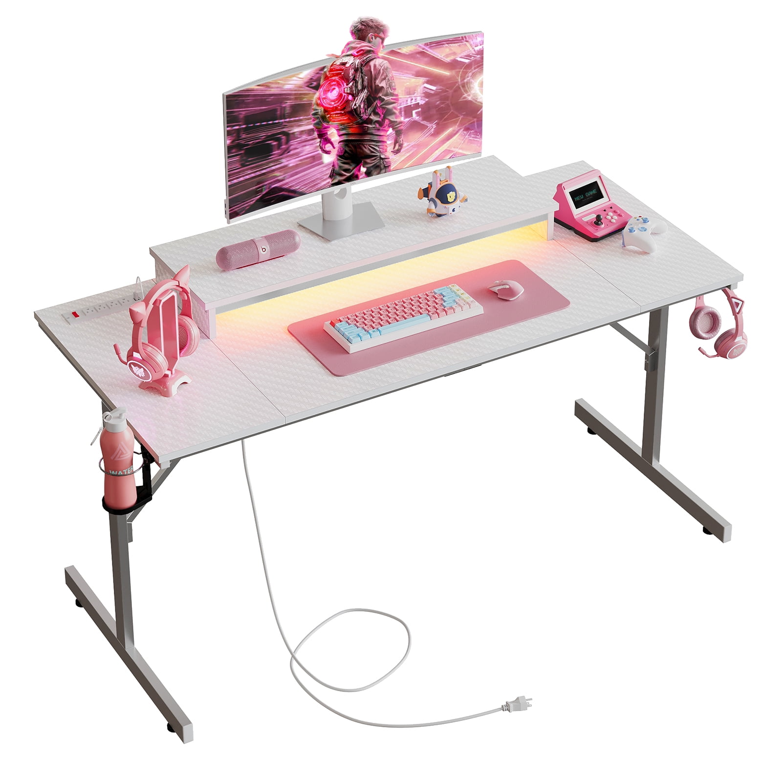 Bestier 52 inch Gaming Desk with Power Strip and LED Monitor Stand for Home Office, Carbon Fiber White