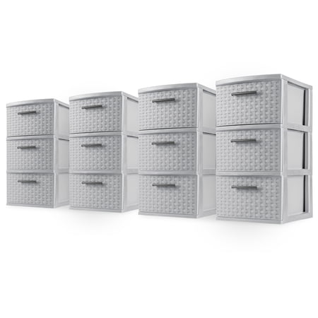 Sterilite 3 Drawer Storage Tower, Plastic Weave Medium Home Organizer, Cement, 4 Pack