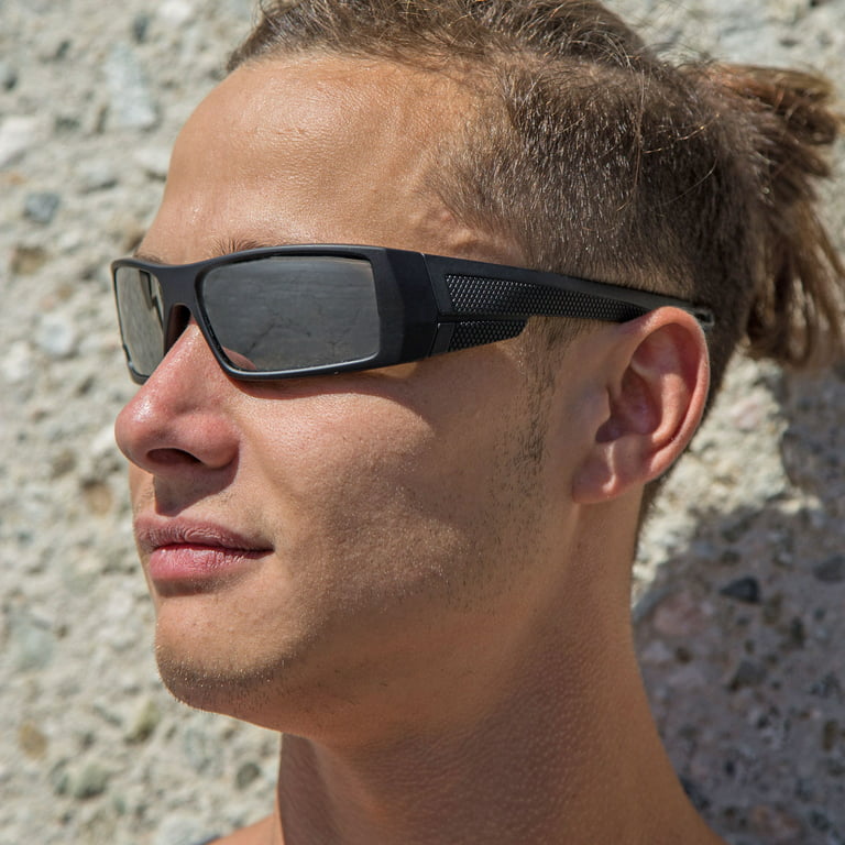 Polarized Wrap Around Sports Sunglasses with Shatterproof Nylon Frame -  Black Frame Mirror Blue Lens