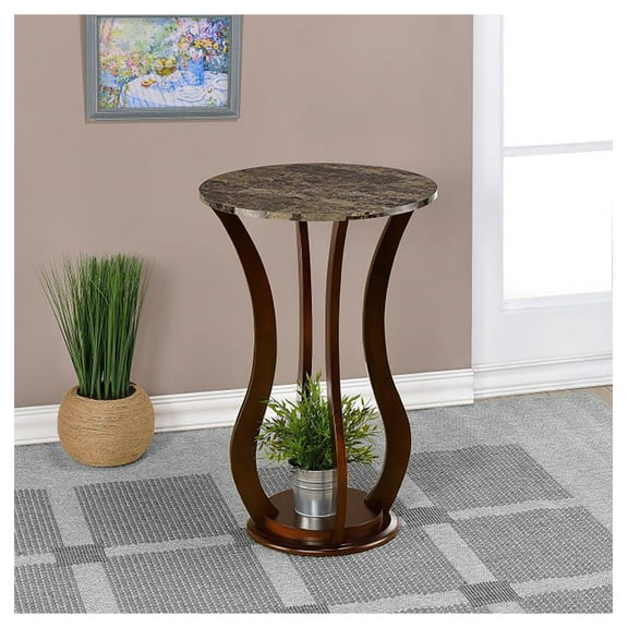 Brown Round Accent Table with Faux Marble Top Brown   Brown   Primary Living Space   Traditional   Rubberwood   Shelves   Coffee & End Tables   Wood
