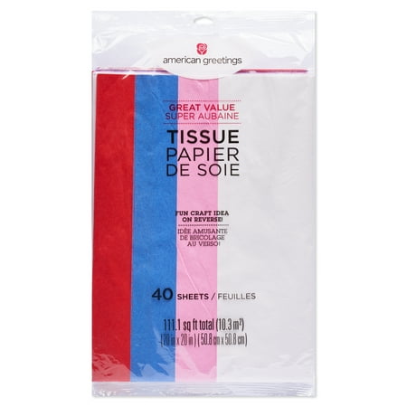 American Greetings All Occasion Tissue Paper, White, Red, Pink, Blue, 20 in. x 20 in. (4 colors, 40-Sheets)