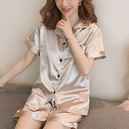

Babysbule Womens Pajamas Clearance Womens Silk Satin Pajamas Set Two-Piece Sleepwear Loungewear Button-Down Sets