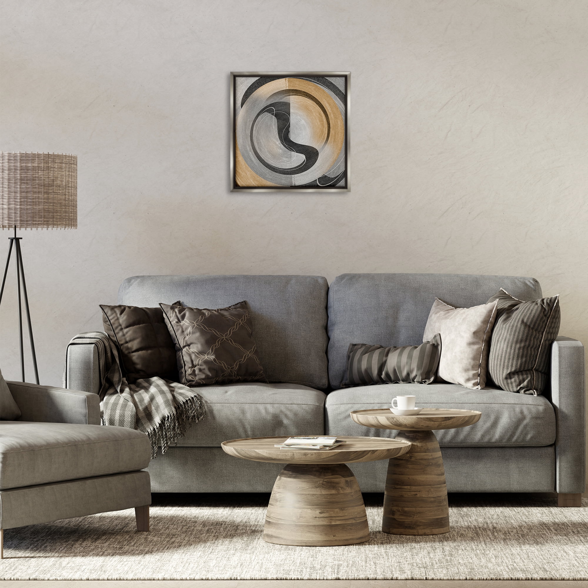 Stupell Industries Centric Circular Swoop Abstract Painting Gray Floater Framed Canvas Art Print Wall Art, 18 x 18