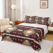 Homewish Brown Aztec Queen Sheet Sets 4-Piece, Bohemian Geometric Flat Sheet, Rustic Lodge Cabin Farmhouse Queen Fitted Sheet, Microfiber Bedroom Decor