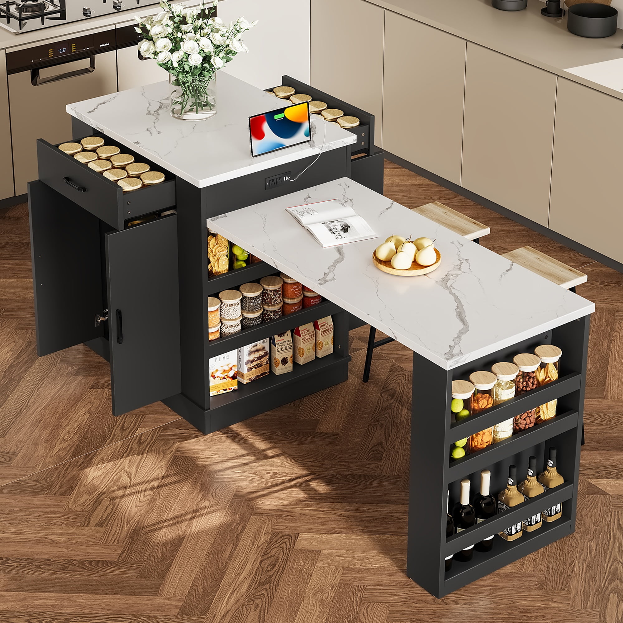 Large Extendable Kitchen Island for Family Use, Dining Table and Breakfast Bar with Storage Drawers, Cabinet Doors and Open Shelves, Ideal for Kitchen and Dining Room, Black